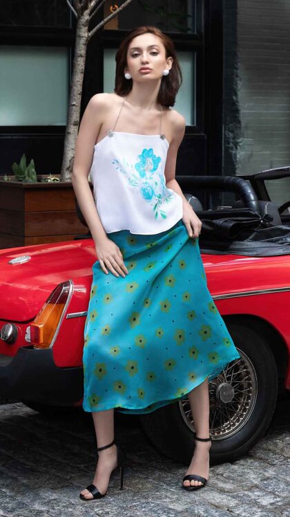 Carlos Kremmer - turquoise floral skirt, floral turquoise skirt