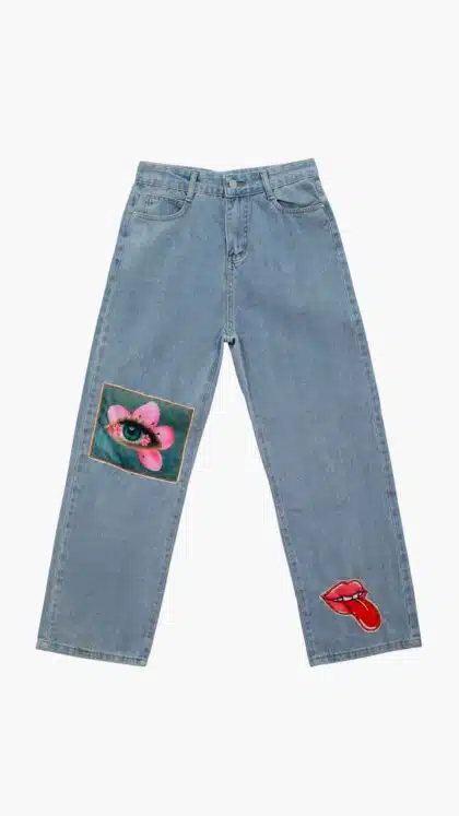 vintage-inspired design with eye-catching graphic patches Ladies Denim Jeans by Carlos Kremmer